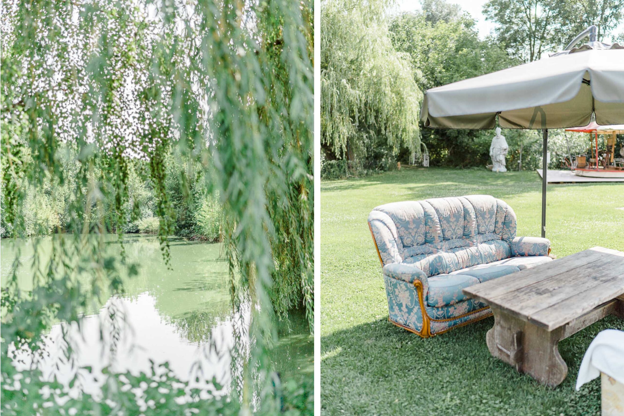 Stadtflucht Bergmühle Hochzeitslocation Niederösterreich Sitzgelegenheiten Hochzeit heiraten im Freien First Look Karussell heiraten